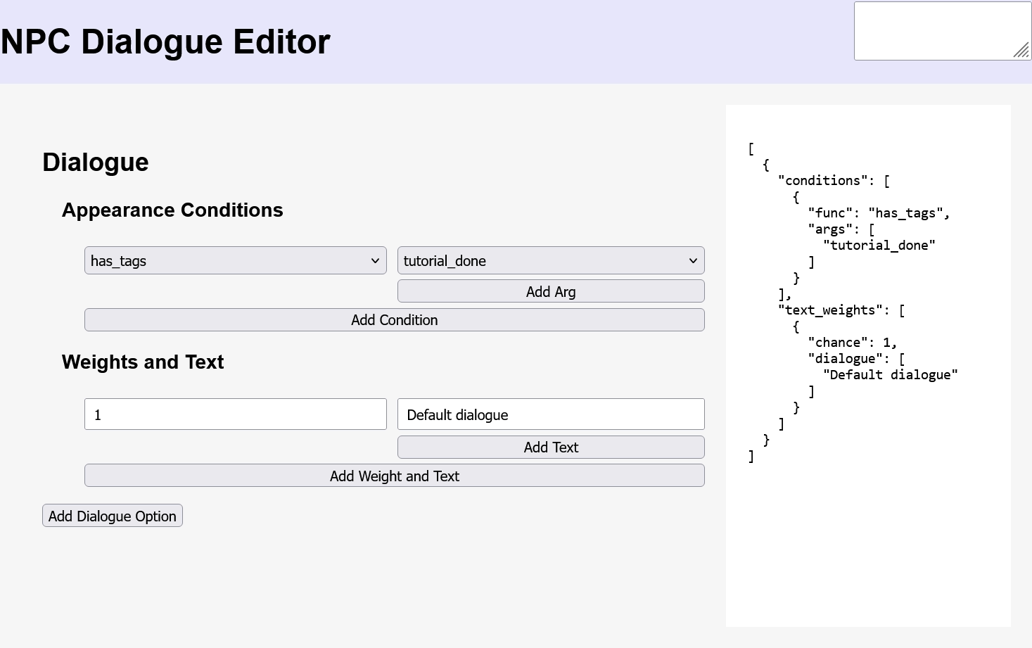 Interface of a custom JSON dialogue editor